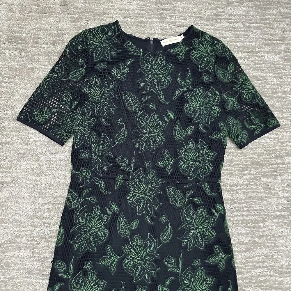 Tory Burch Dress Womens 4 Blue Green Floral Lace Sheath Short Sleeve Lined Mesh